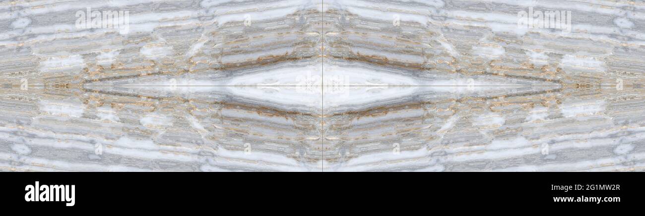 White marble mirrored pattern with curly grey and gold veins for ceramic tiles design. Abstract texture and background. 2D illustration Stock Photo