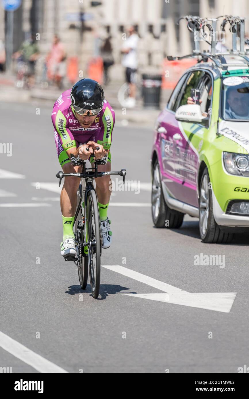 MILAN, ITALY - MAY 30: last stage of Giro 2021, Giovanni Visconti competitor of Bardiani CFS Faizane Team  at high speed during individual time trial Stock Photo