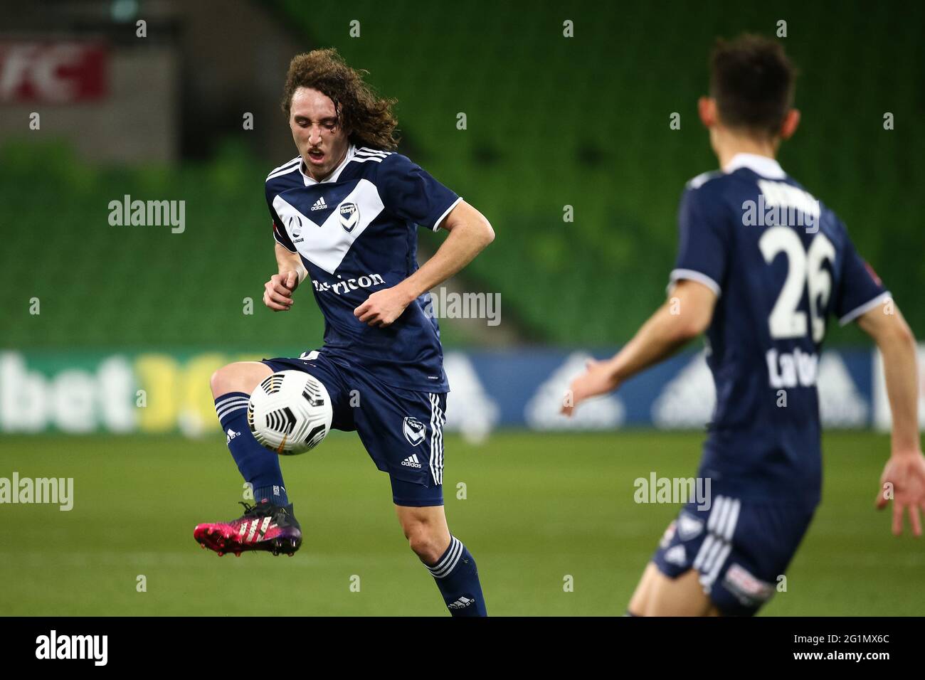 Melbourne, Australia, 6 June, 2021. Jay Barnett of Melbourne Victory kicks the ball during Round 24 of the Melbourne Victory v Melbourne City FC A-League match, Australia. Credit: Dave Hewison/Alamy Live News Stock Photo
