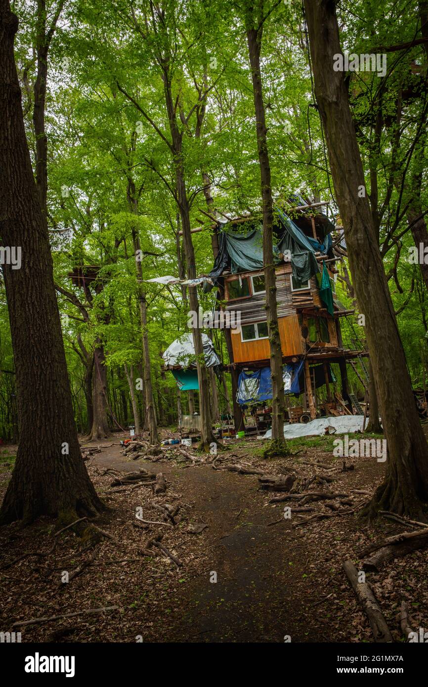 inhabited tree houses of the nature Conservation activists in the Hambach Forest Stock Photo