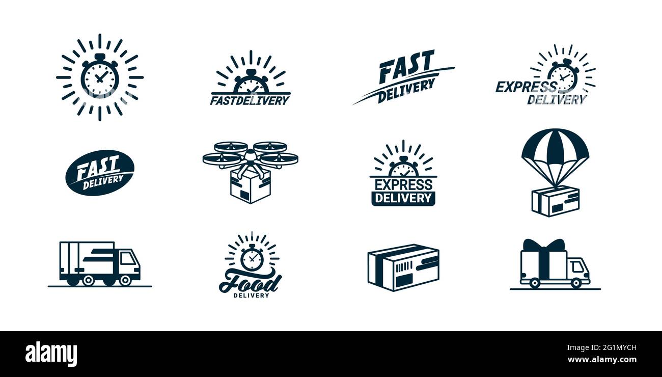 Big Delivery related monochrome Icons set. Logos with timer and fast ...