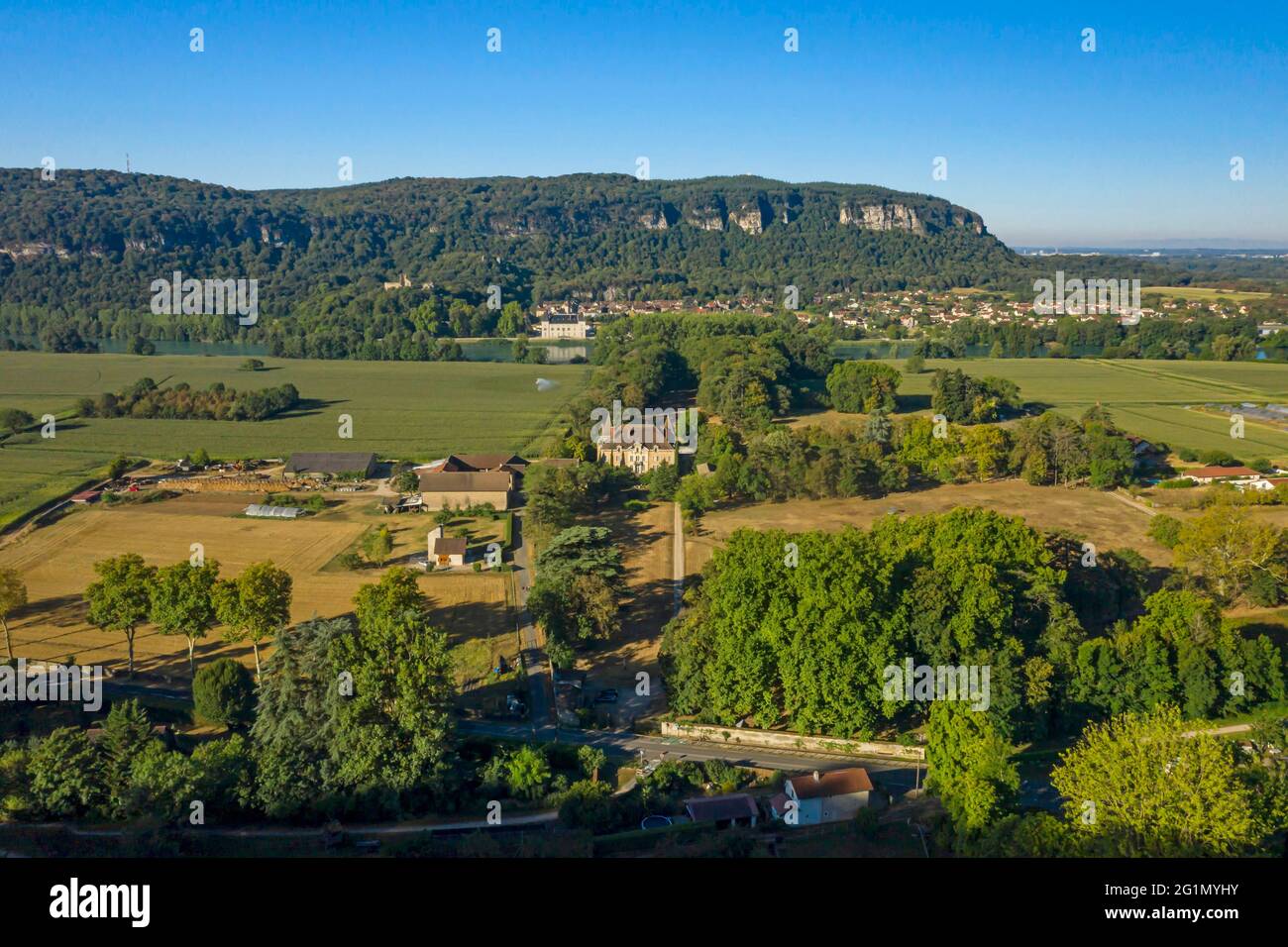 France, Ain, the Rhone valley from the village of Saint-Sorlin-en-Bugey (aerial view) Stock Photo
