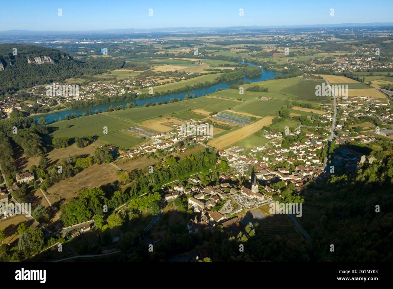 France, Ain, the Rhone valley from the village of Saint-Sorlin-en-Bugey (aerial view) Stock Photo