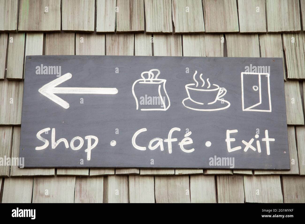 Shop Cafe Exit sign at Eden Project Botanical garden in Bodelva, Cornwall, UK, May 2021 Stock Photo