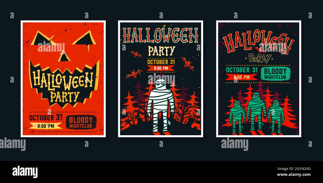 Set of Halloween party invatation posters. Cool posters with handwritten  calligraphy, funny monsters and place for information. Grunge style vector  il Stock Vector Image & Art - Alamy