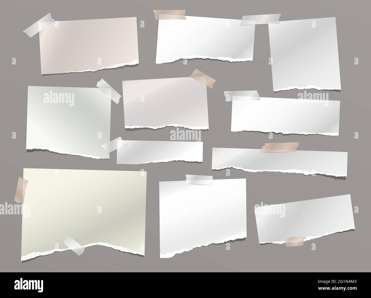 White torn note, notebook paper stripes with sticky tape are on dark ...