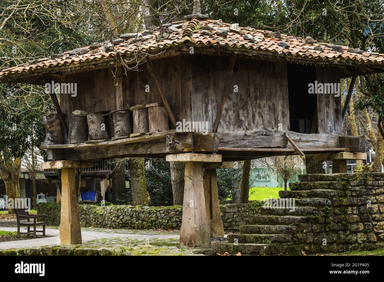 Spain, Asturias, Gijon, museum of the asturian peoples, horreos and paneras, traditional granaries on stilts Stock Photo