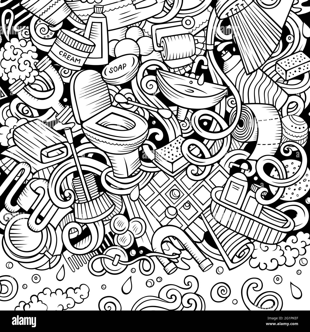 Bathroom hand drawn vector doodles illustration. Bath room frame card  design. Interior elements and objects cartoon background. Sketchy funny  border Stock Vector Image & Art - Alamy