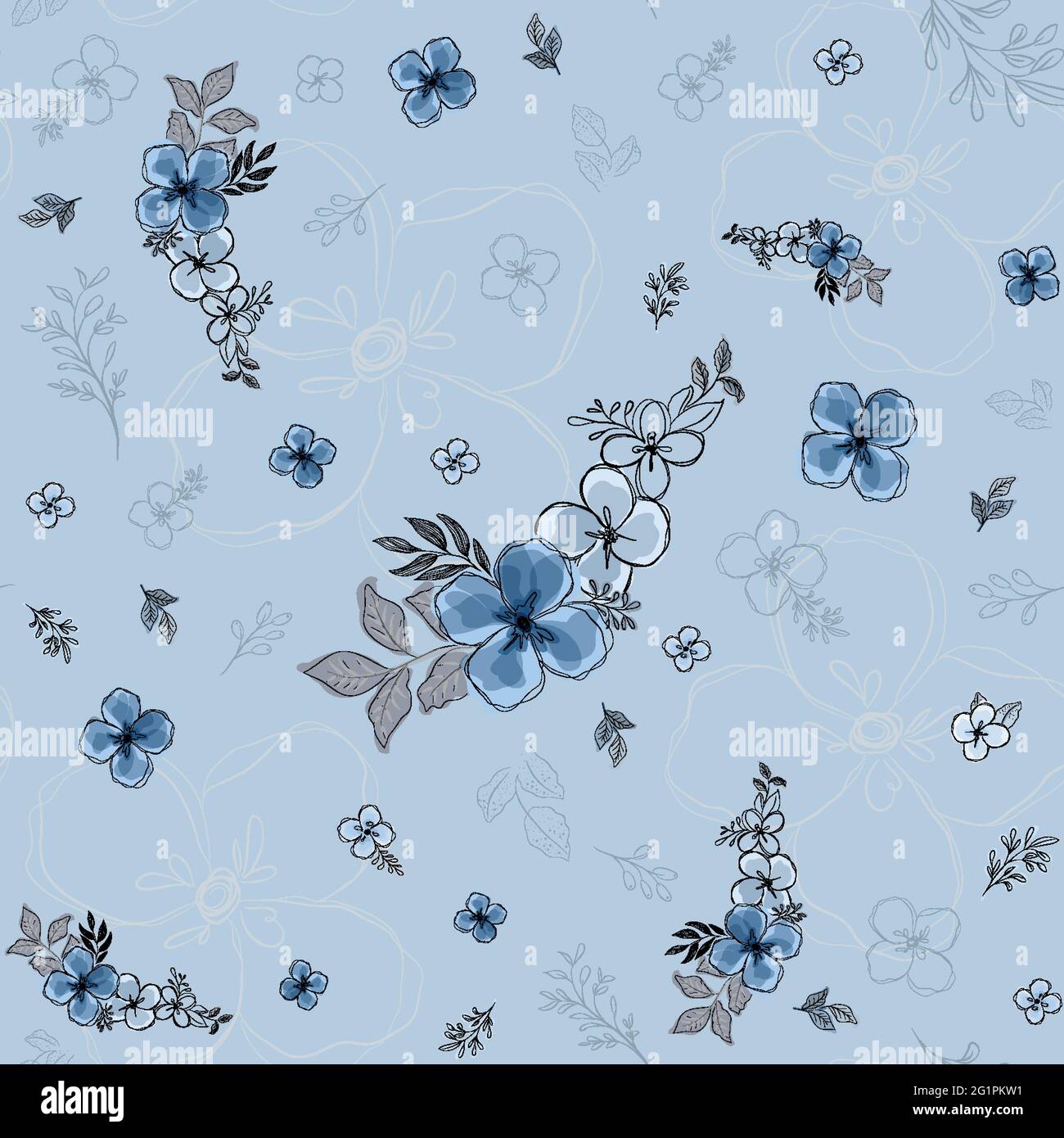 Seamless pattern with beautiful floral watercolor style on blue background. The other 2 color swatches included. Stock Vector