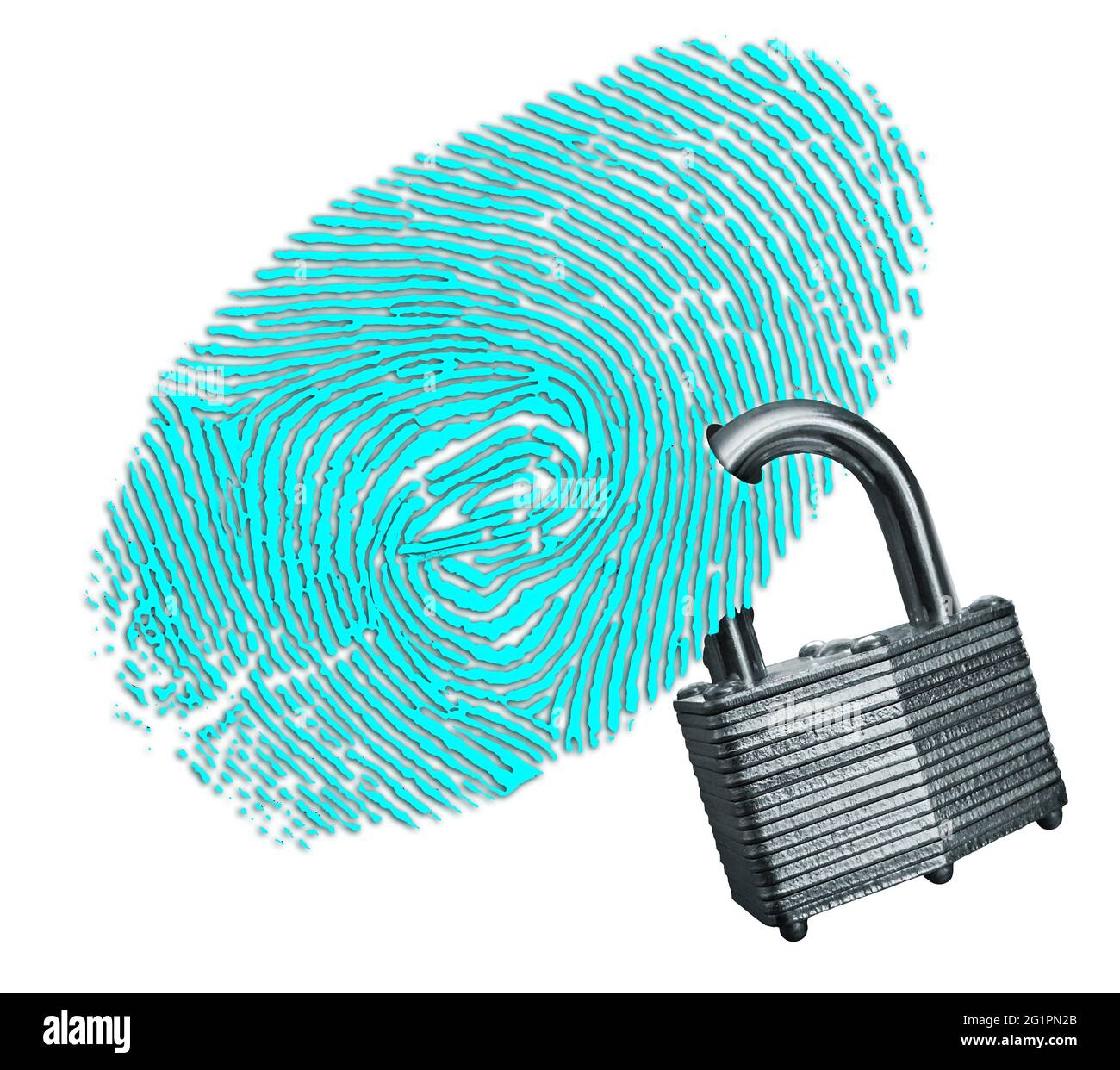 A fingerprint has a padlock attached in this 3-d illustration about ...