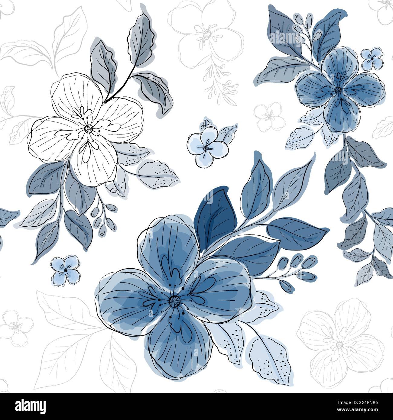 Seamless pattern with beautiful blue floral watercolor style on white background. The other 2 color swatches included. Stock Vector