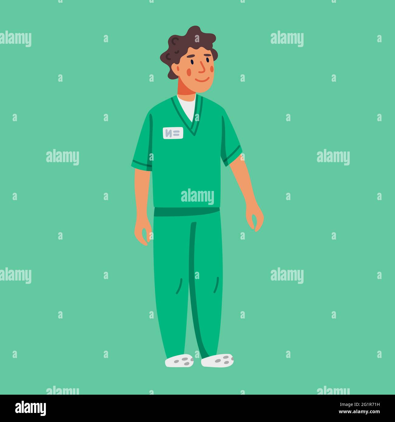 Male social worker or nurse wearing a green uniform on a green