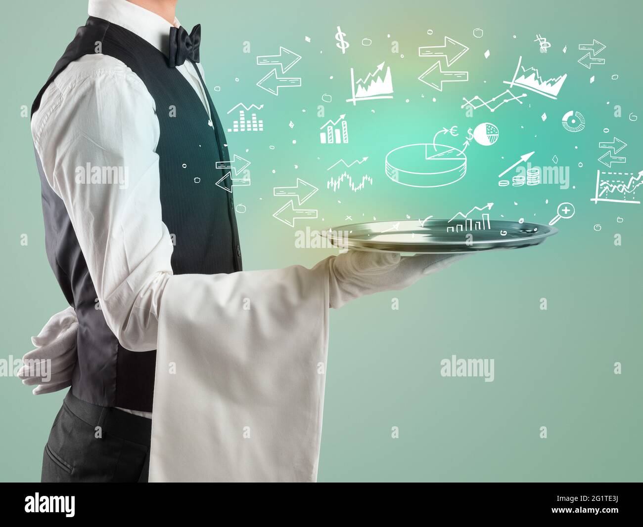 Handsome young waiter in tuxedo holding money icons on tray Stock Photo