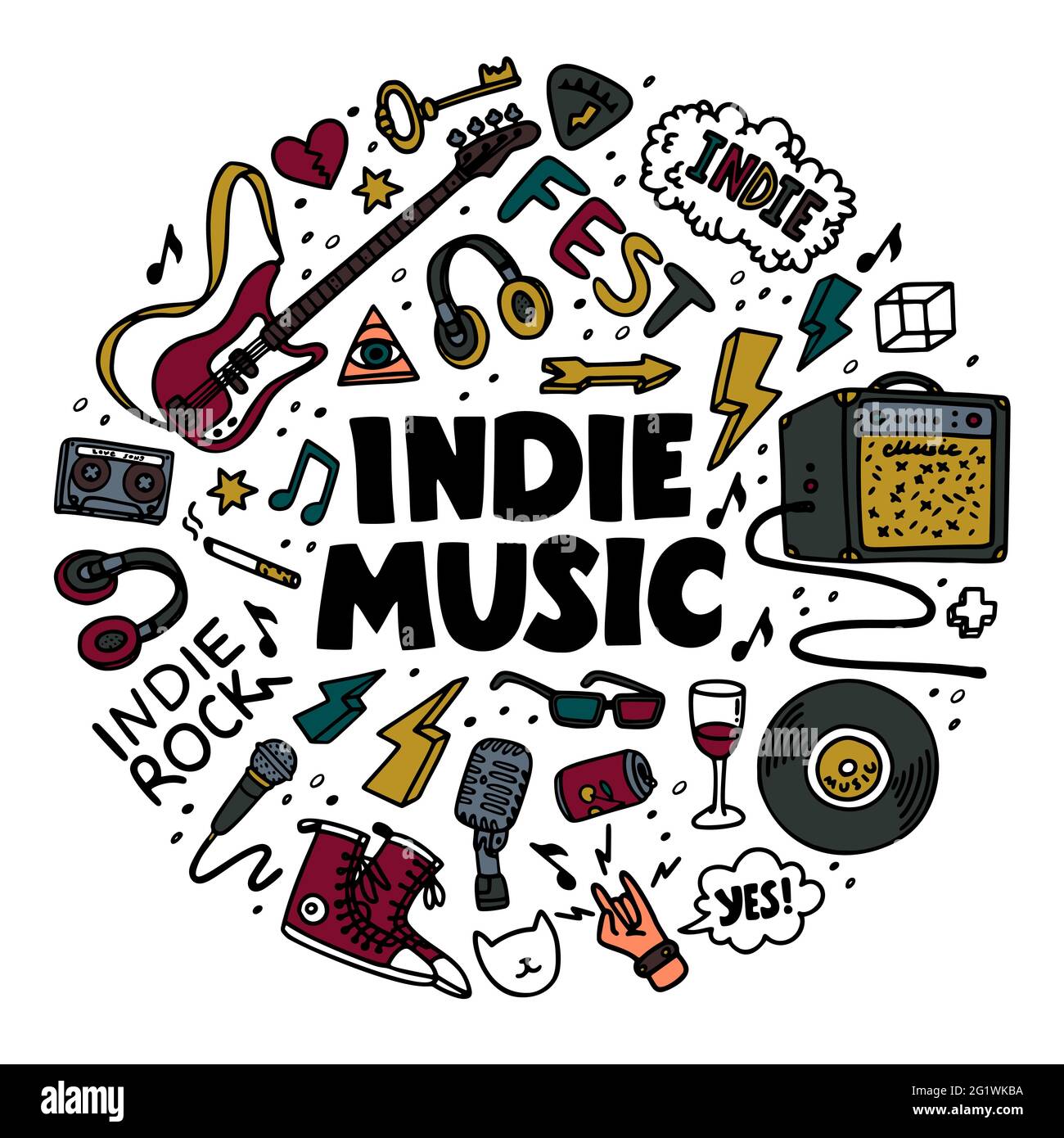 Indie rock round composition. Color illustration of music-related objects  such as guitar, sound amplifier, rock inscriptions. Template for poster  Stock Vector Image & Art - Alamy