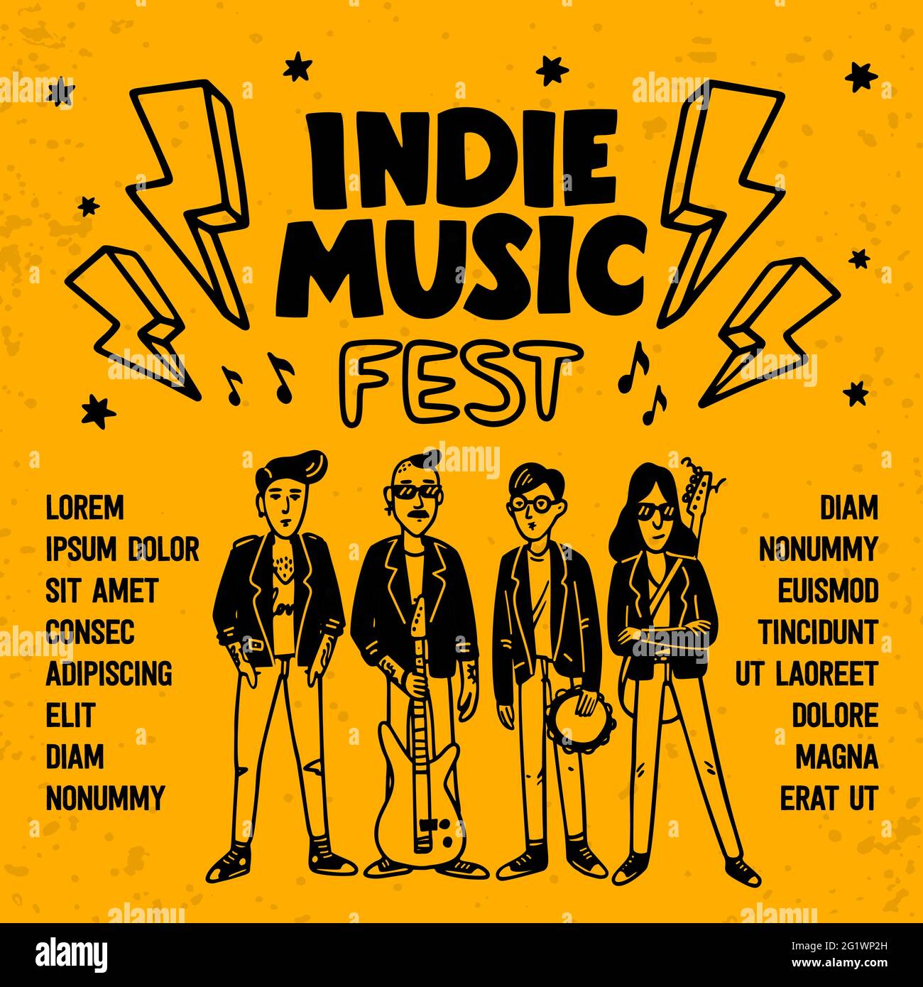Indie music festival poster or flyer template. Illustration of musicians  and and indie rock fest inscription on yellow background. Template for  banner Stock Vector Image & Art - Alamy