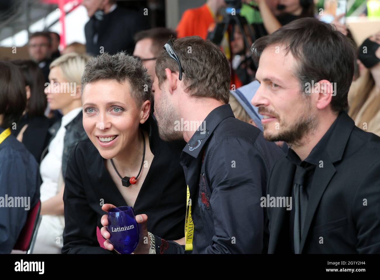 KYIV, UKRAINE - JUNE 5, 2021 - Members of the Sunny Bunny competition jury - expert on gender issues Anna Dovhopol, French actor Felix Maritaud and Ar Stock Photo