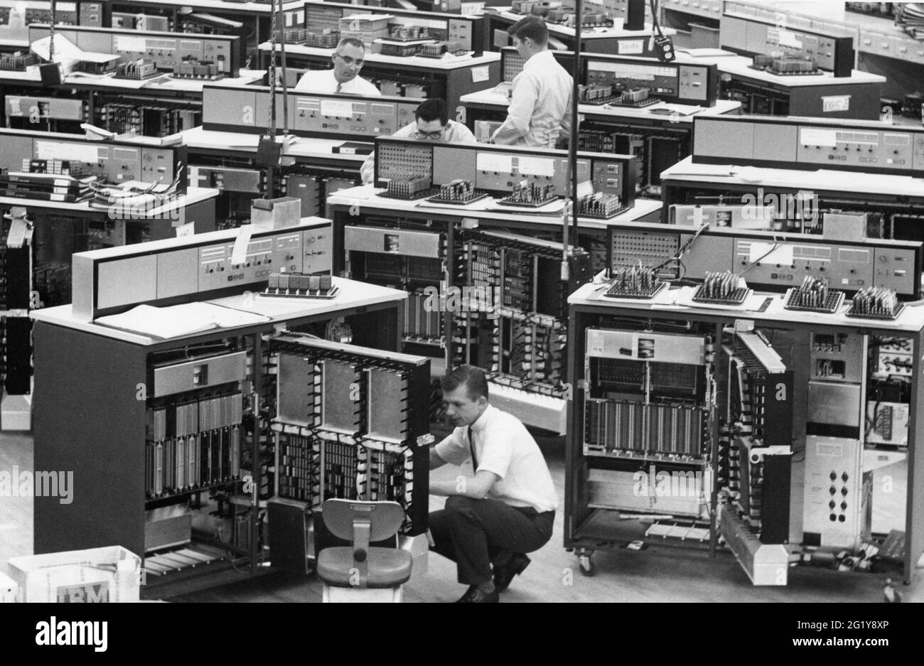 IBM System/360 Model 20 computers - here undergoing final testing at the plant - are the smallest computer of its type that provides the power and versatility of a stored-program computer with outstanding punched card handling capabilities, San Jose, CA, 4/15/1966. (Photo by IBM/RBM Vintage Images) Stock Photo