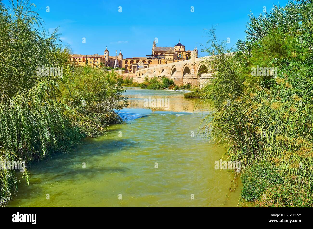 The green park at the bank of Guadalquivir River, next to Roman Bridge, with a view on Mezquita-Catedral (Mosque-Cathedral) on the opposite bank, Cord Stock Photo