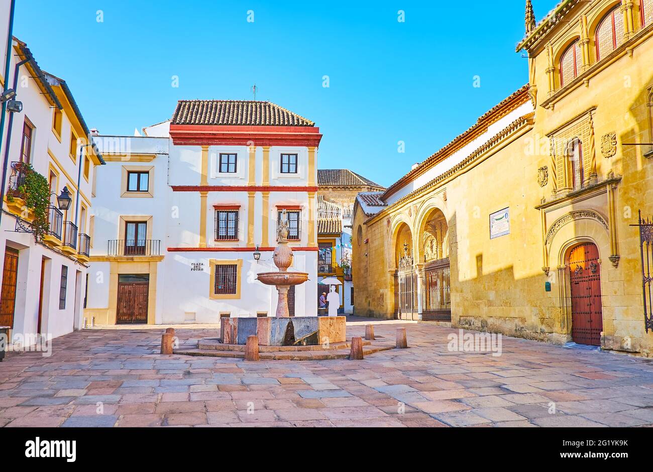 The medieval Potro Square with Renaissance Potro fountain and building of Hospital de la Caridad (Fine Arts Museum), Cordoba, Spain Stock Photo