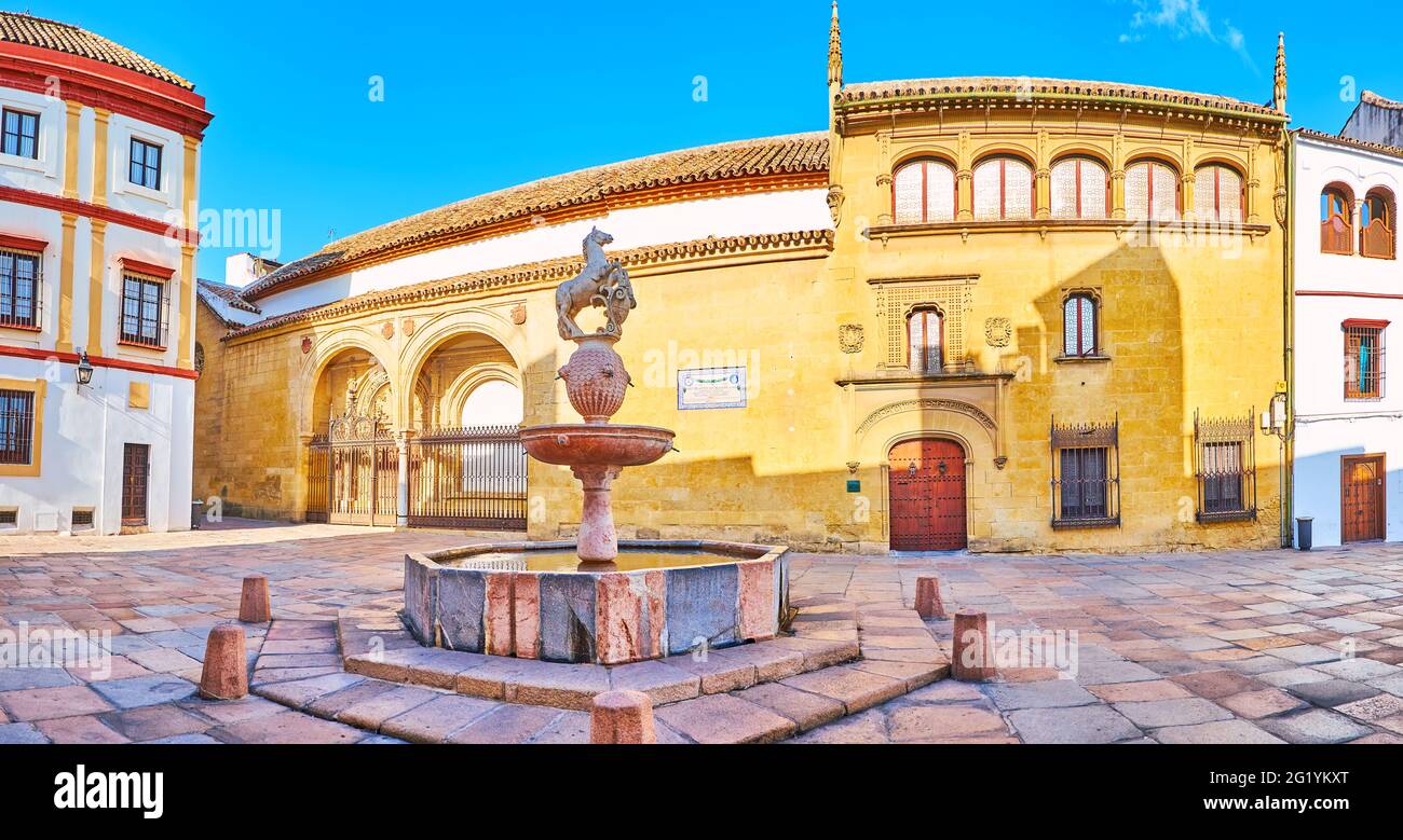 Panorama of the splendid historic Plaza del Potro Square with stone building of Hospital de la Caridad (nowadays Museum of Fine Arts) and Potro founta Stock Photo