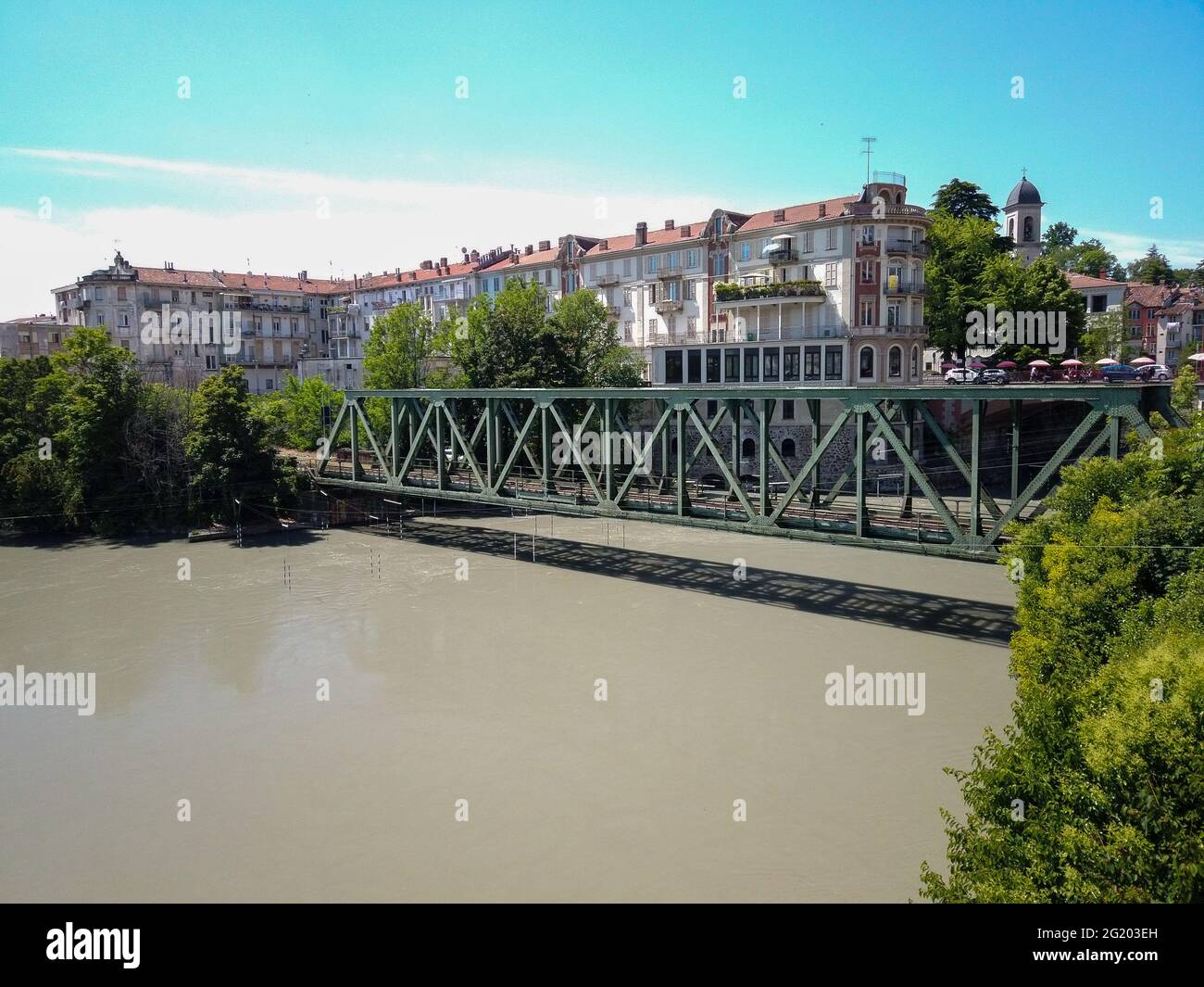 Ivrea, Italy, June 5 2021 - the old part of city the railway bridge Stock Photo