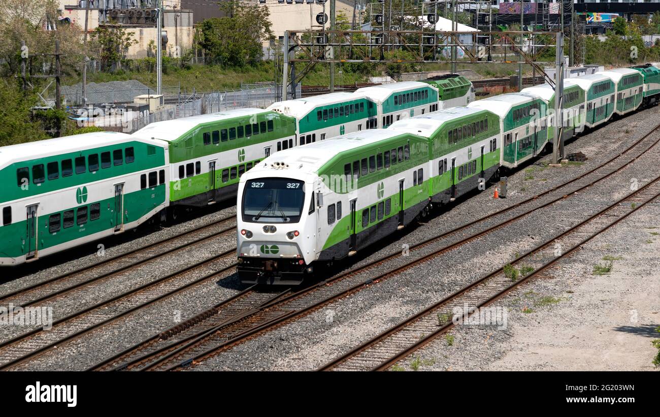 Toronto Ontario Canada, Railway tracks rail corridor downtown Toronto with city skyline and GO