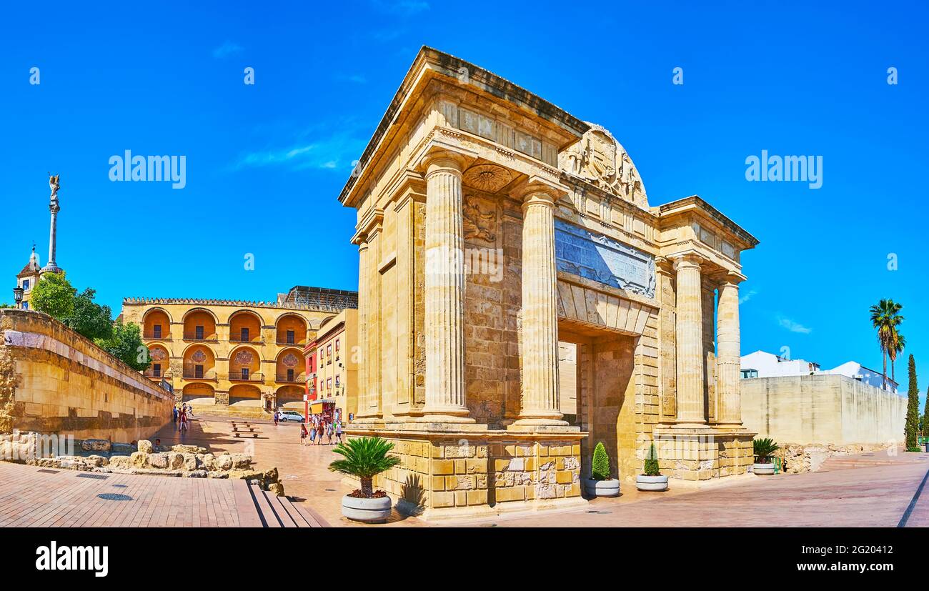 Panorama of Puerta del Puente gate with Triumph Square and Mezquita in background, Cordoba, Spain Stock Photo