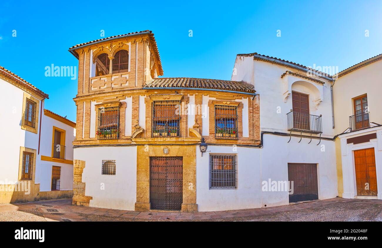 Explore traditional historic mansions and manor houses in Plaza Maimonides Square of Juderia in Cordoba, Spain Stock Photo