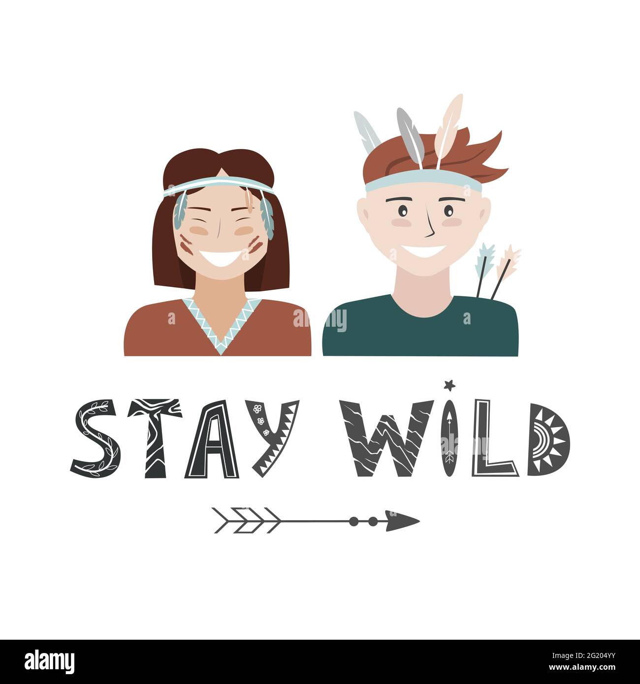 Kids in Native Indian headbands and Stay Wild lettering in Scandinavian style. Boy and Girl Having Fun Vector Set, adventure background Stock Vector