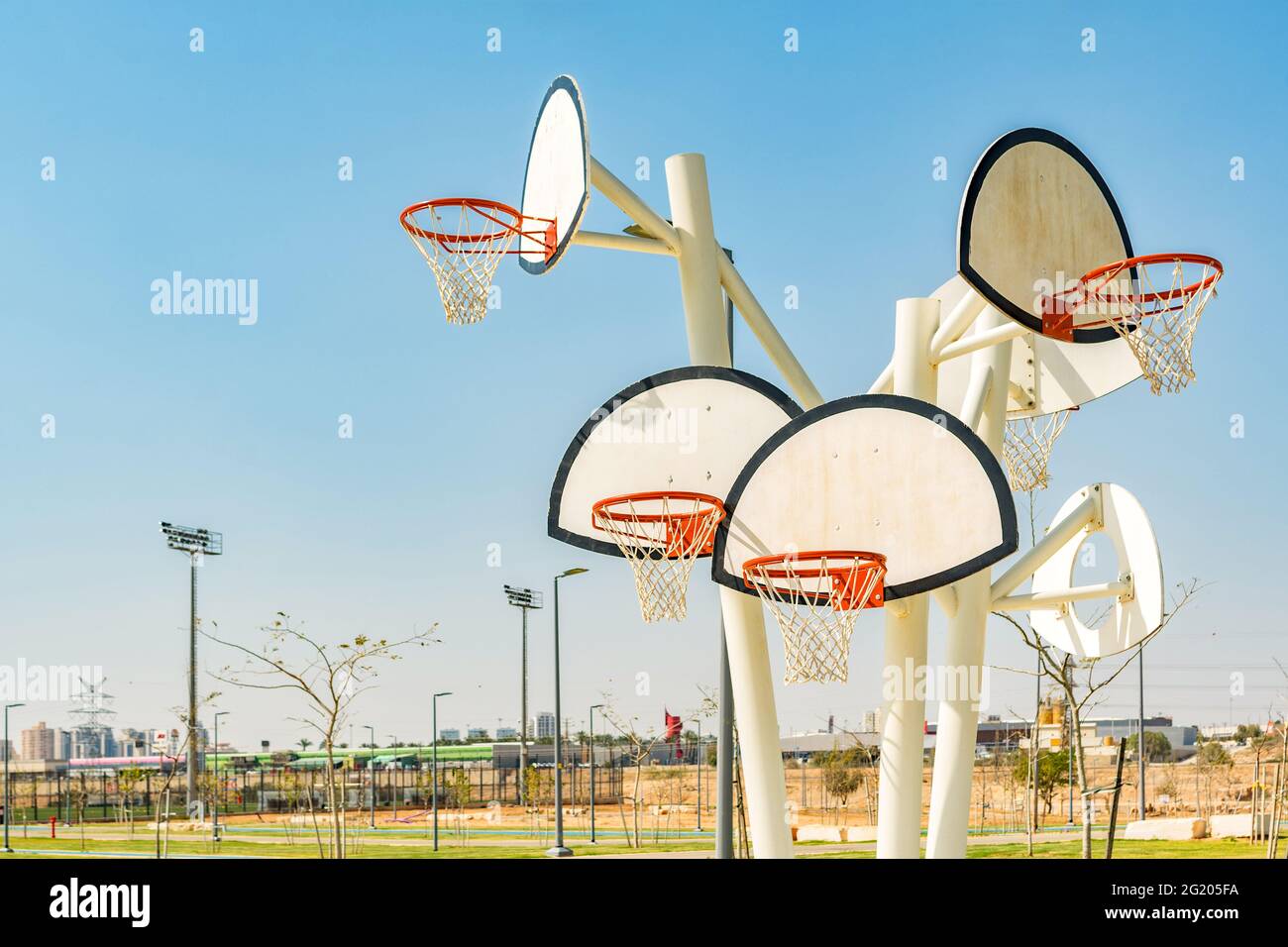 Closeup of basketball backboards and hoops in a sports park. Sport background. Stock Photo
