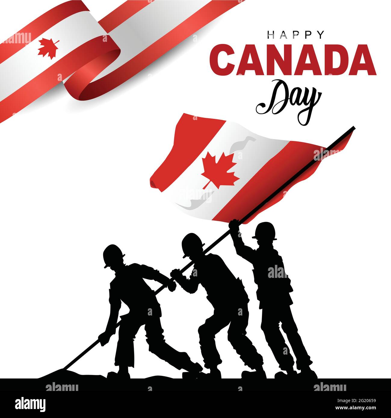 Happy Canada day Vector Template Design Illustration. silhouette soldiers raising with flag Stock Vector