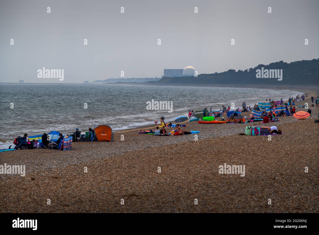 Dunwich Beach looking to Sizewell Nulear Power Station June 2021 Stock Photo