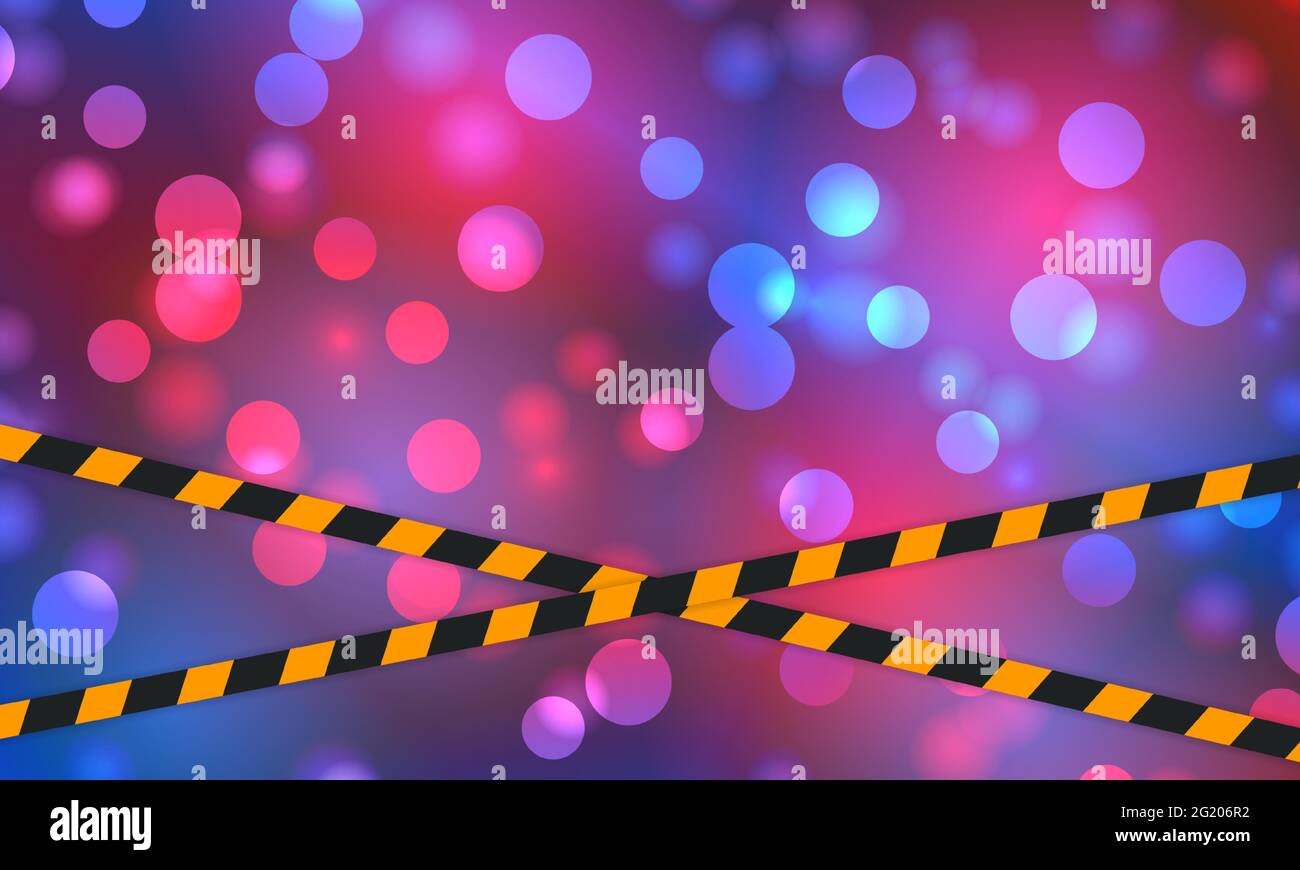 Police flashing light flares bokeh background with police line. Emergency lights flash red and blue glowing flares on night bokeh background. Stock Vector