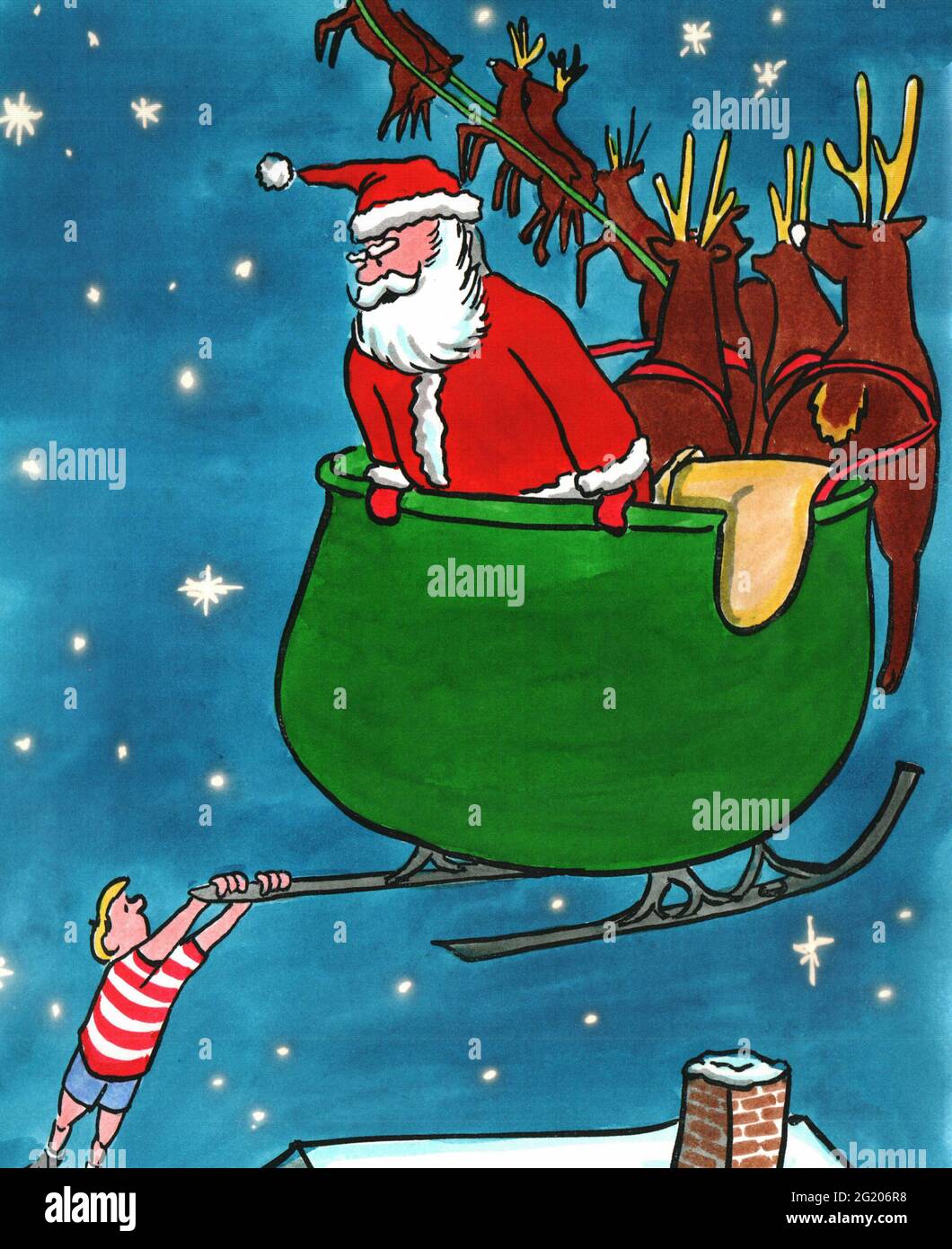 Santa is bothered by a greedy child Stock Photo