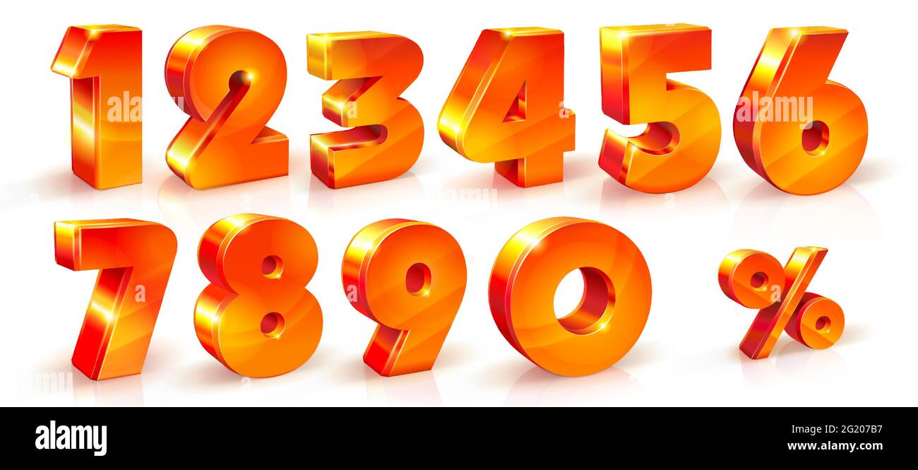 Vector Set Of Shiny Orange Red Numbers 1 2 3 4 5 6 7 8 9 0 Signs And Percent Sign Suitable For Use On Advertising Banners Posters Flyers Stock Vector Image Art Alamy