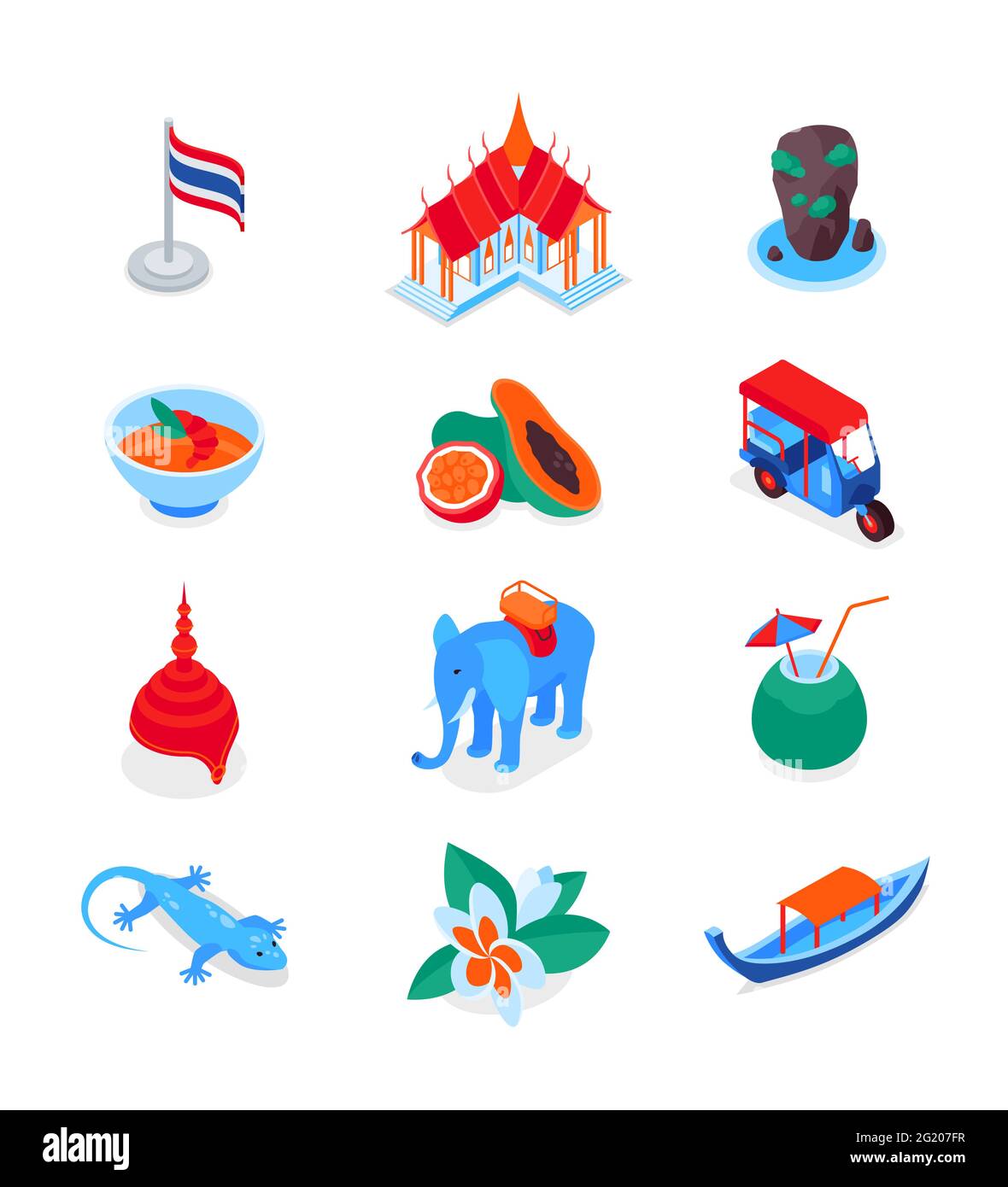 Thai symbols - modern colorful isometric icons set. Culture, cuisine and traditions of Thailand. Tuk-tuk, elephant, long-tail boat, tom yum, lotus, kh Stock Vector
