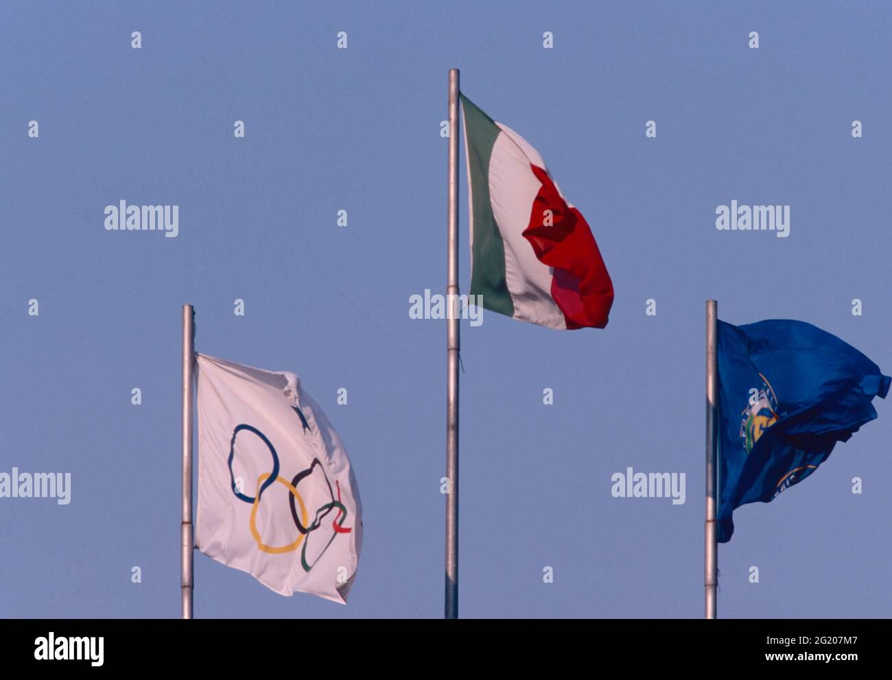 Olympics, Italian, and FIT flags blowing in the wind, 2000s Stock Photo