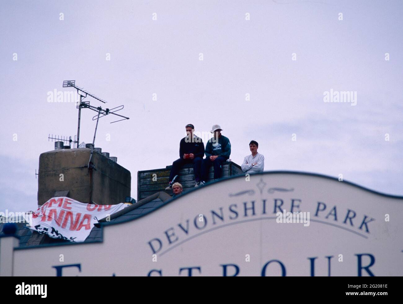 Protesters on the roof of the Devonshire Park building, Eastbourne UK 1998 Stock Photo