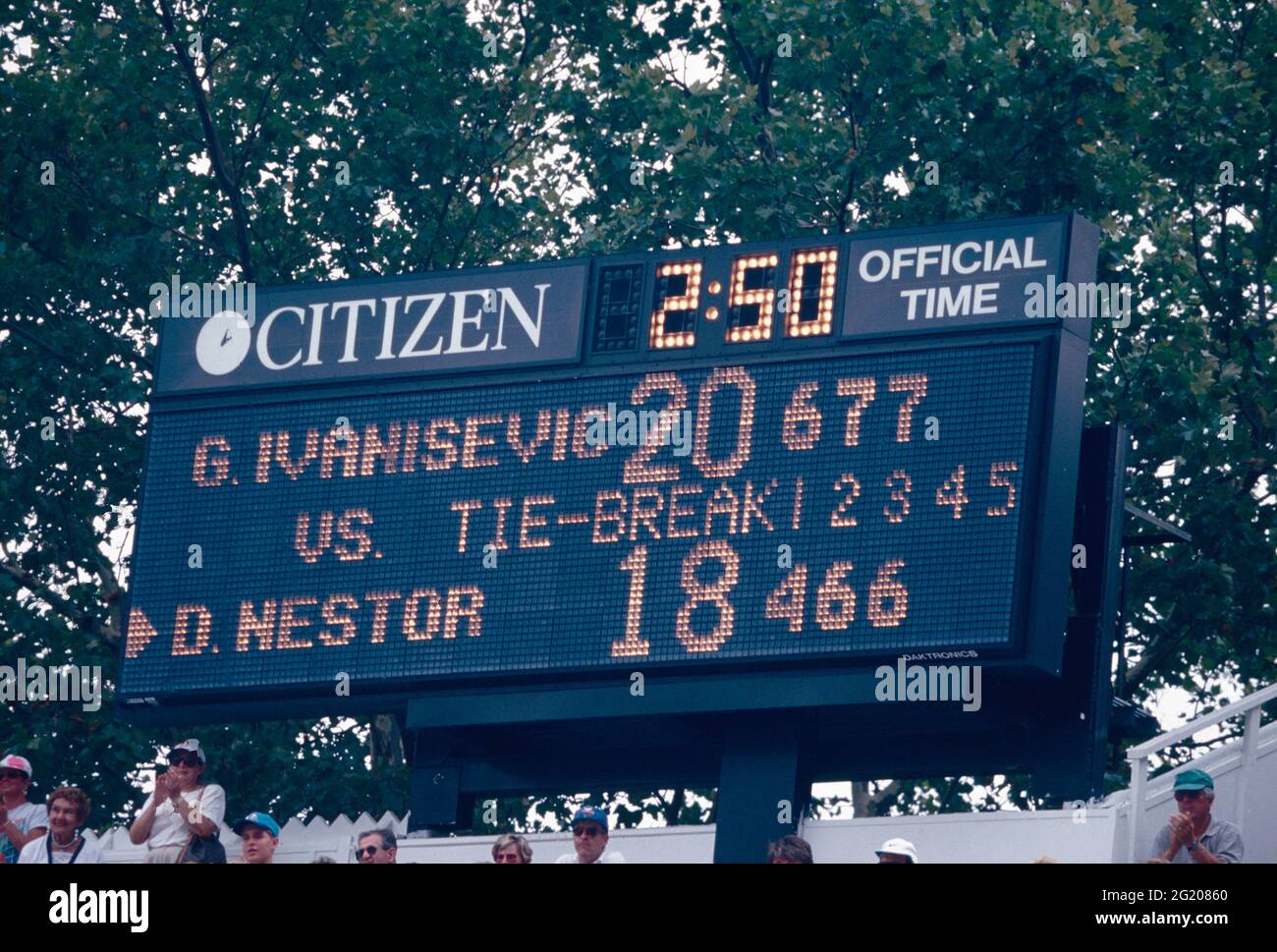 Score billboard of the tennis match between Croatian tennis player Goran Ivanisevich and Canadian Daniel Nestor, US Open 1993 Stock Photo