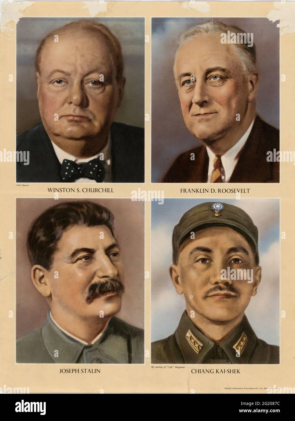 World War II-era poster with illustrations of the four major Allied leaders.Top row left to right: British Prime Minister Winston Churchill and US President Franklin D Roosevelt; bottom row left to right: Premier Joseph Stalin of the Soviet Union and Generalissimo Chiang Kai-Shek of China, no location, circa 1943. (Poster by Office of War Information/RBM Vintage Images) Stock Photo