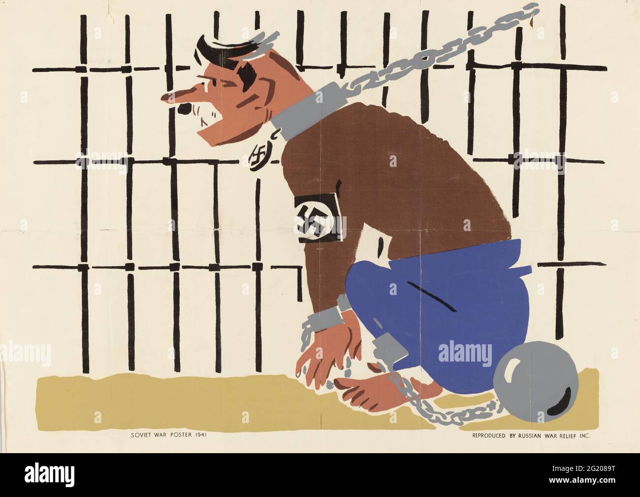 Soviet World War II poster showing Adolf Hitler and Nazism as a chained dog, Soviet Union, 1941. (Photomechanical print by Russian War Relief, Inc/Office of War Information/RBM Vintage Images) Stock Photo