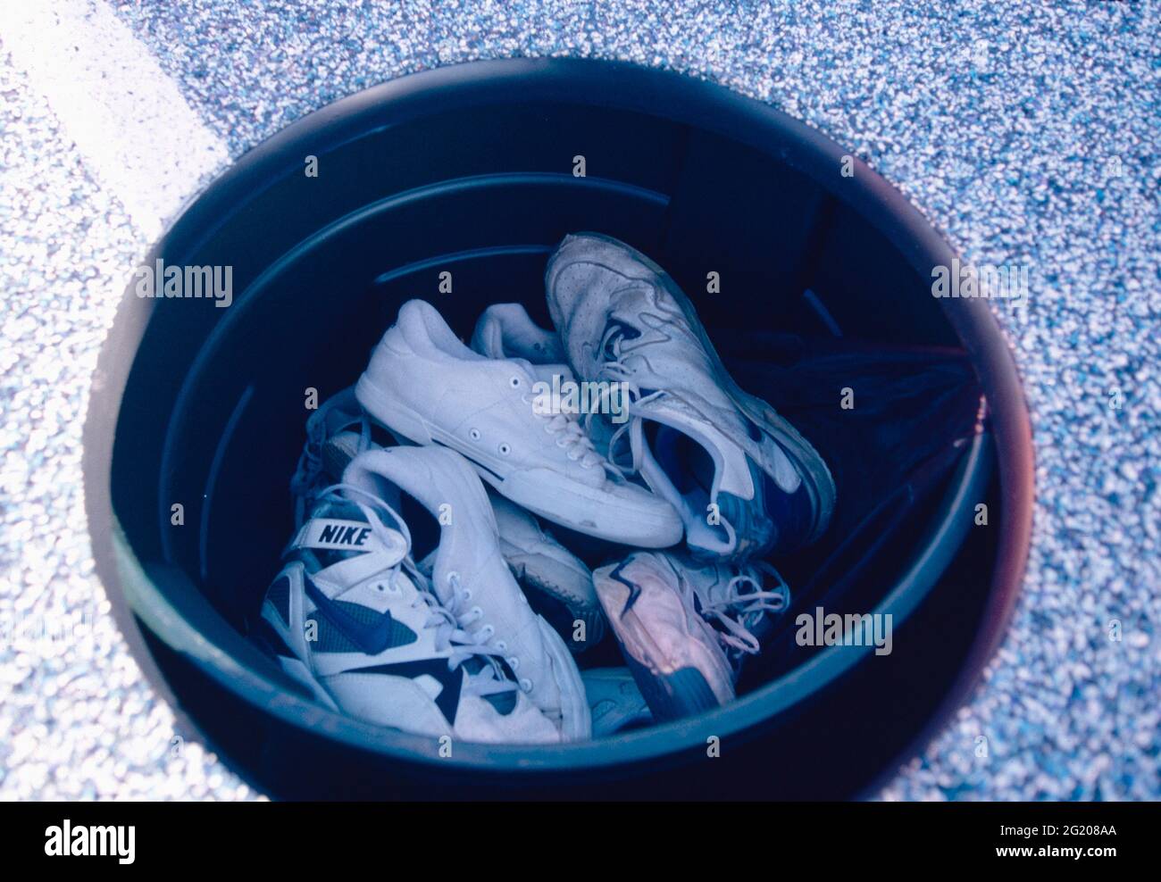 Bucket full of tennis shoes, Lipton 1995 Stock Photo