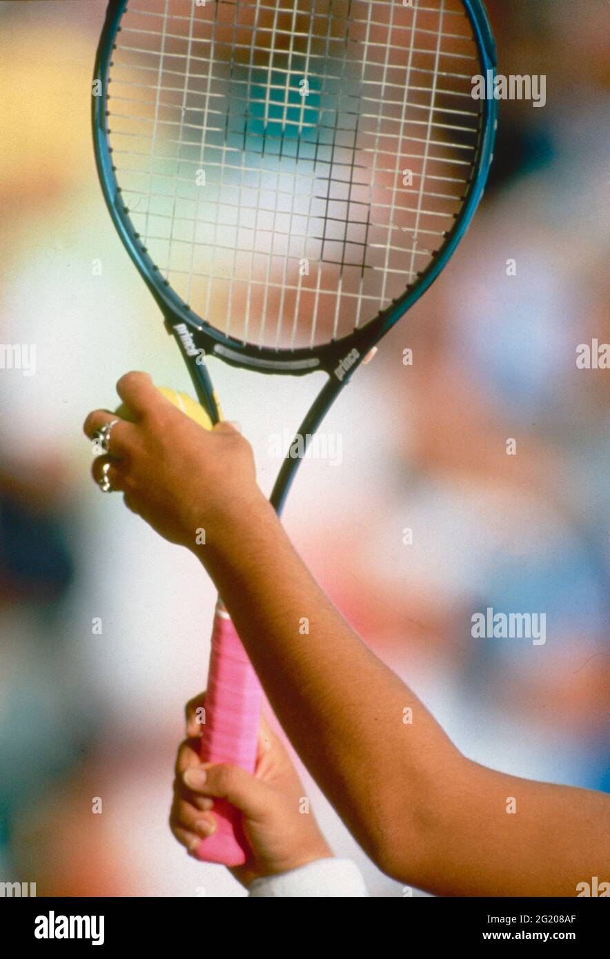 Racket and ball of the tennis player ready for service, Wimbledon, UK 1993 Stock Photo