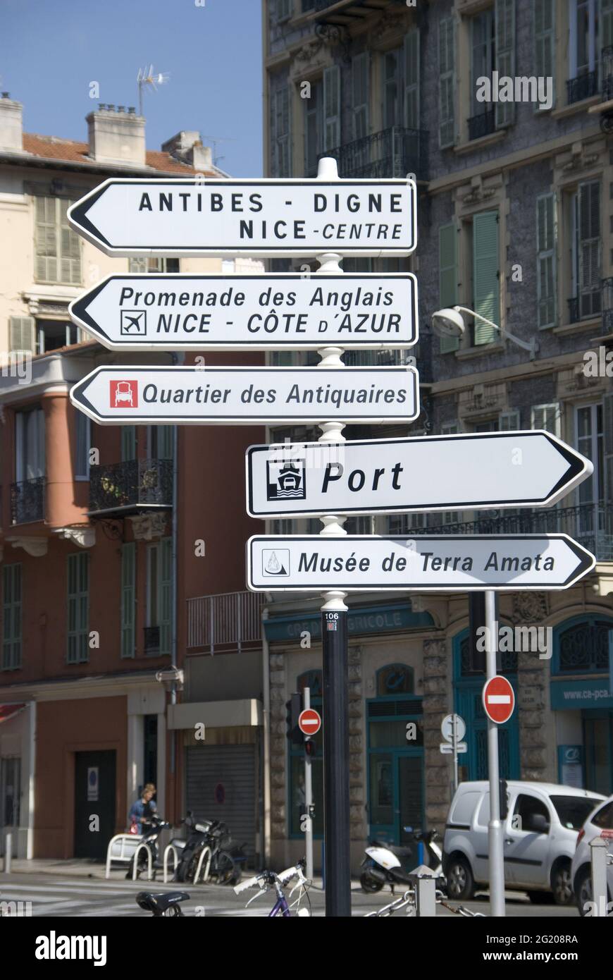 NICE, FRANCE - Oct 08, 2012: Traffic signs and directions arrows in ...