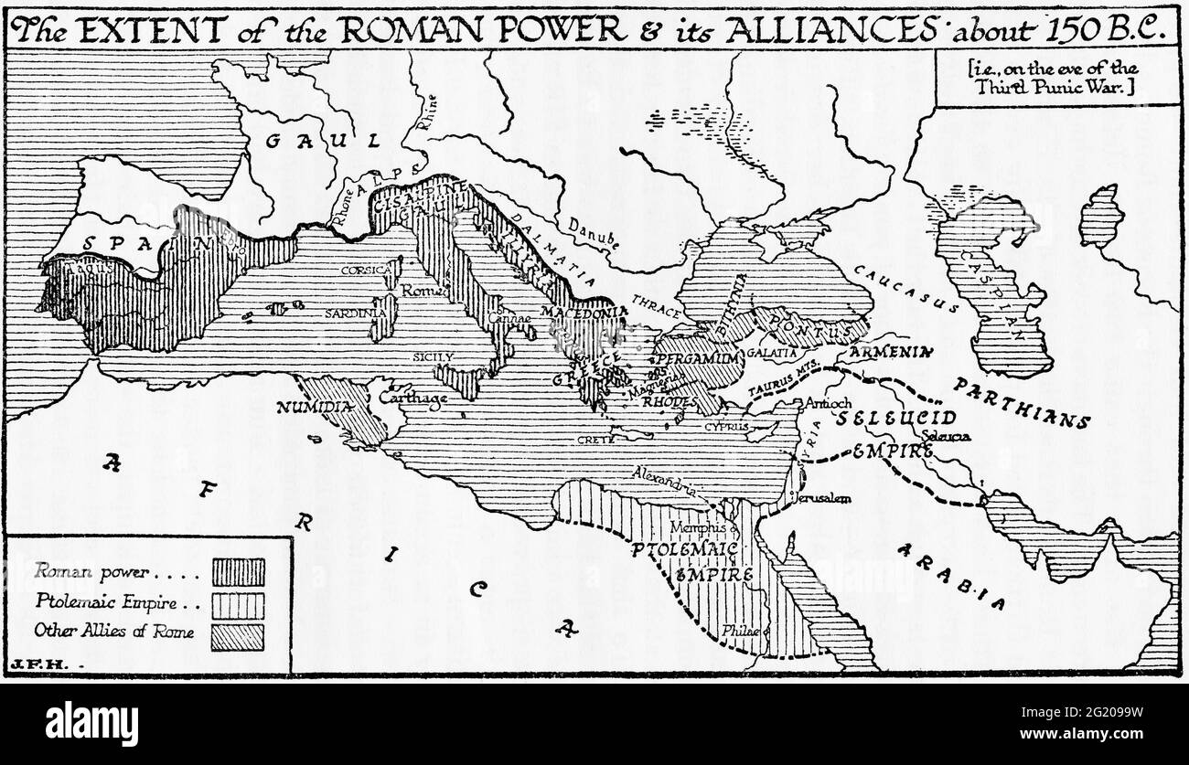 Map showing the extent of the Roman power and its alliances, c. 150 BC, ie on the eve of the Third Punic War.  From A Short History of the World, published c.1936 Stock Photo