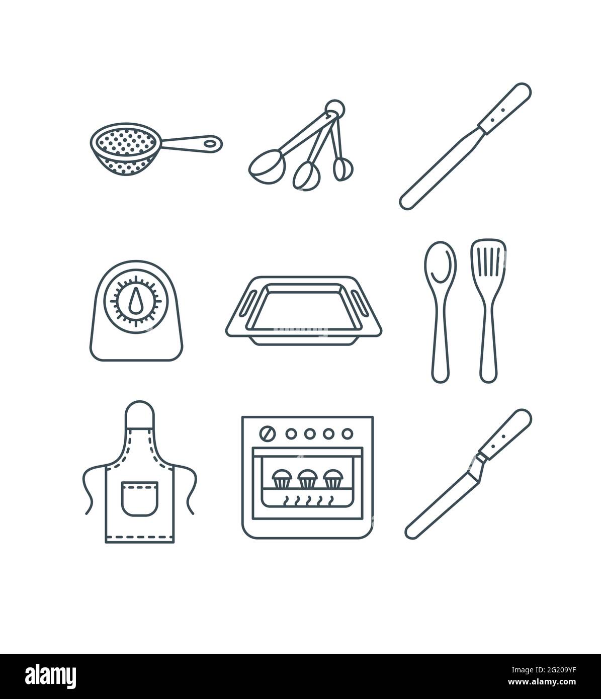 Home baking tools. Flat vector thin line icons. Essential kitchen