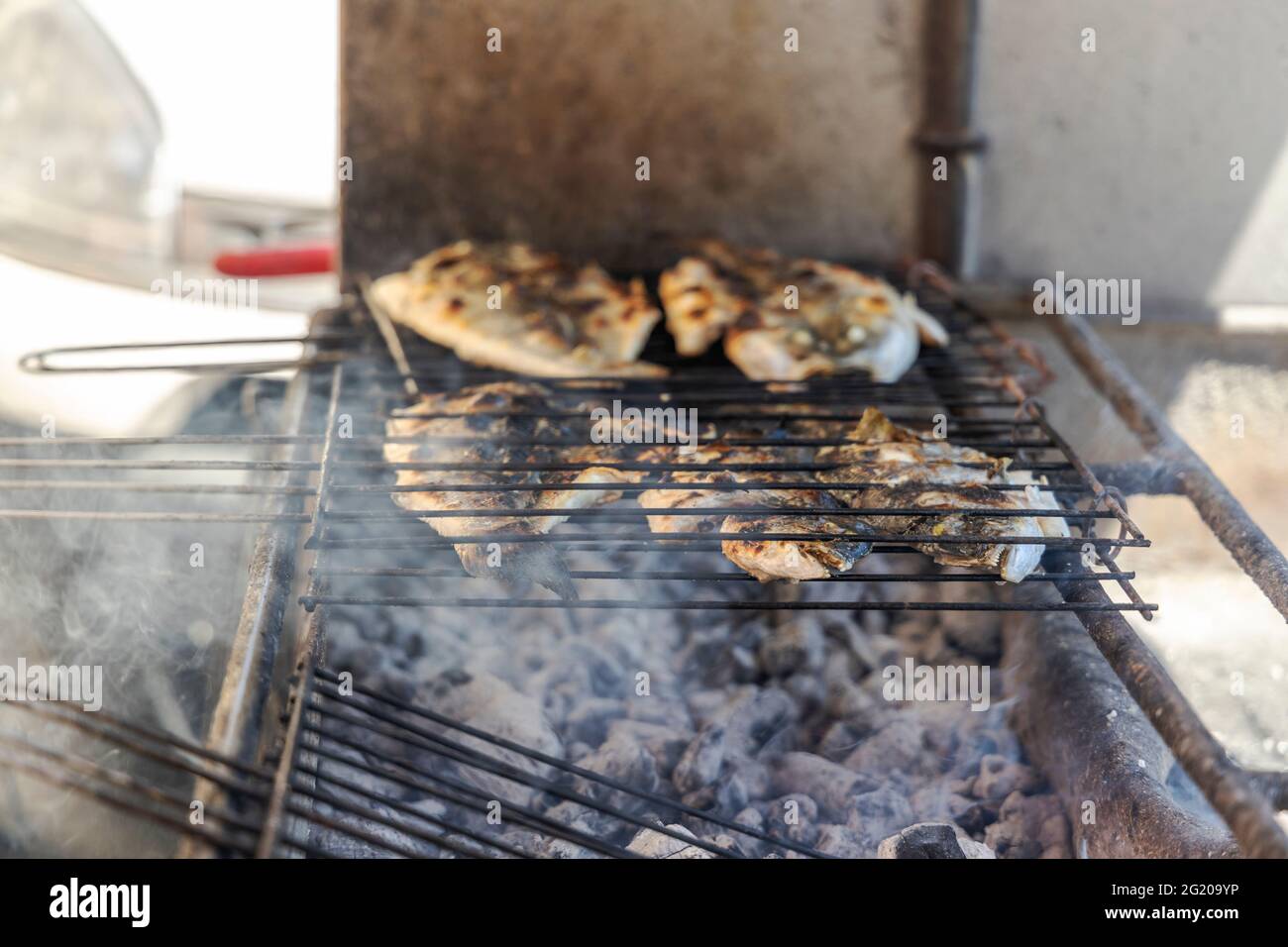 Delicious sea bass and golden fish barbecued on the charcoal in
