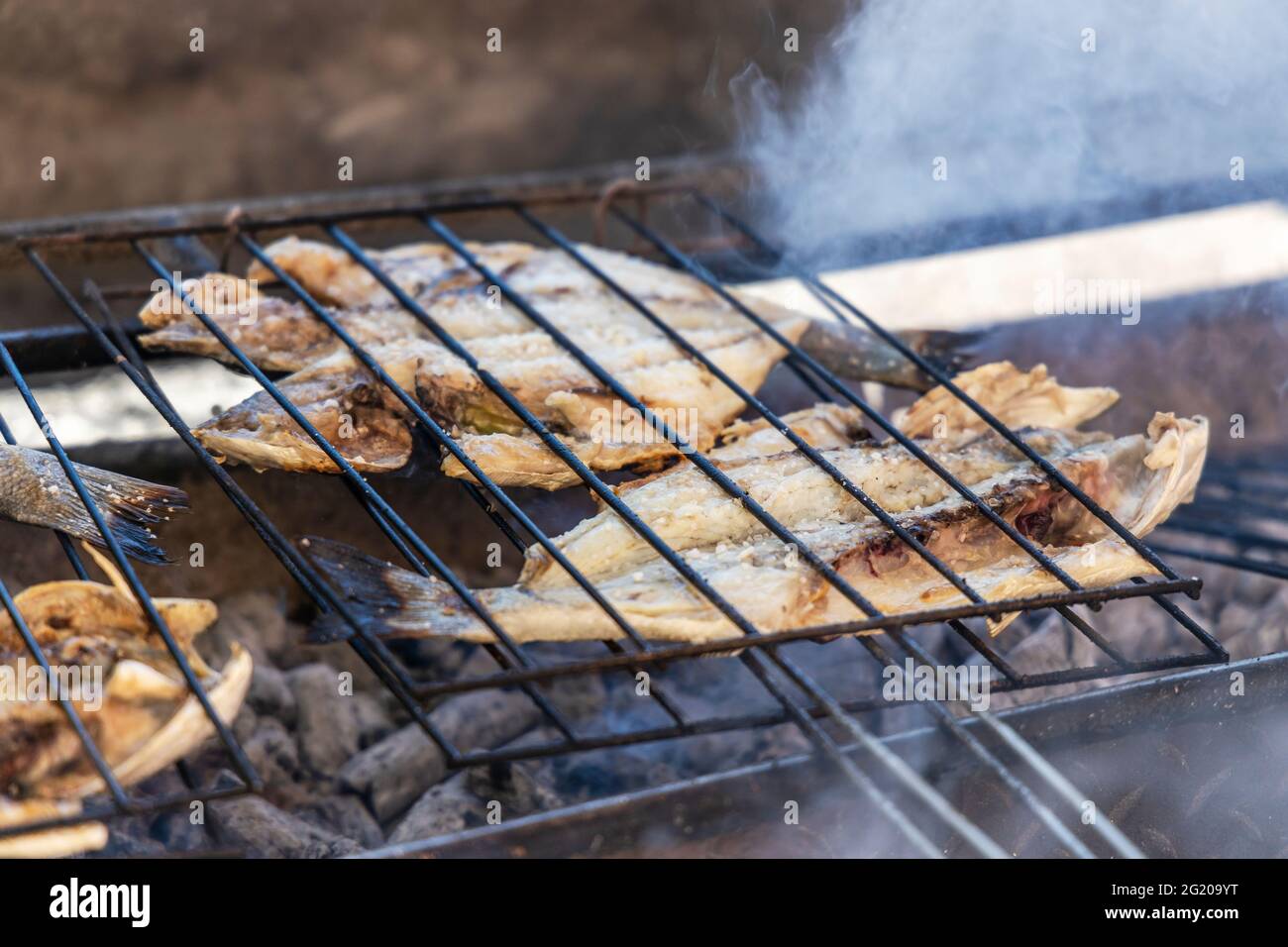 Delicious sea bass and golden fish barbecued on the charcoal in Portugal Stock Photo