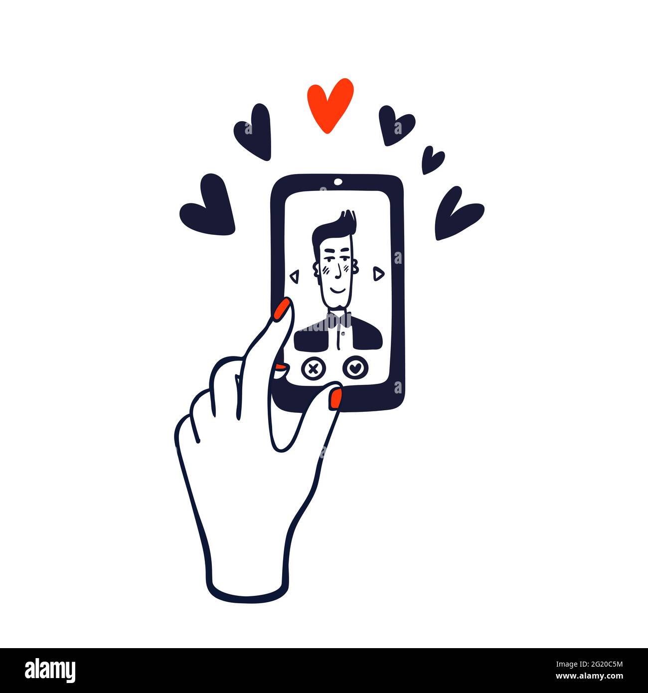 Online dating service. hand swiping photos of men on the phone screen. Mobile phone application. Doodle style vector illustration. Stock Vector