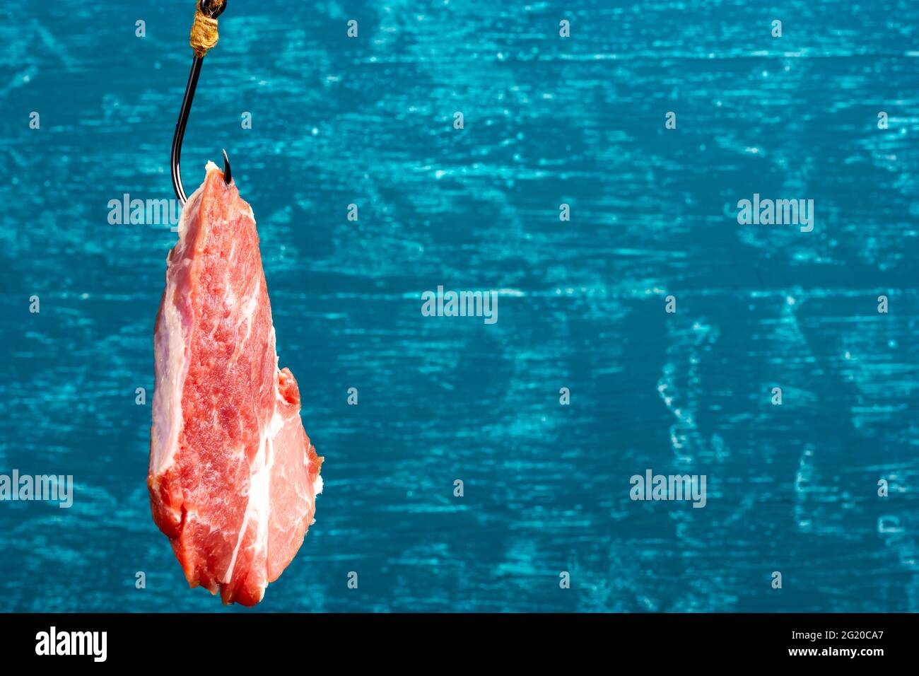 A piece of raw meat on a hook. Predator bait. Raw pork. Pork steak